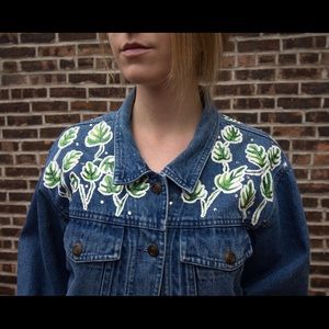 Denim jacket with painted leaves detail